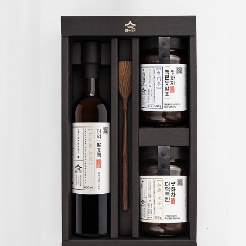 숙이의 뿌리효소 이야기 프리미엄 선물세트 더덕목련쌍화차 + 맥문동발효쌍화차+ 더덕발효액 + 원목 티스푼