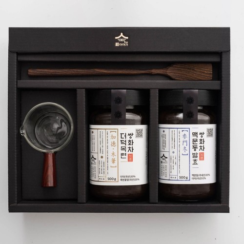 숙이의 뿌리효소 이야기 프리미엄 선물세트 더덕목련쌍화차+맥문동 발효쌍화차+ 원목 티스푼 + 계량컵
