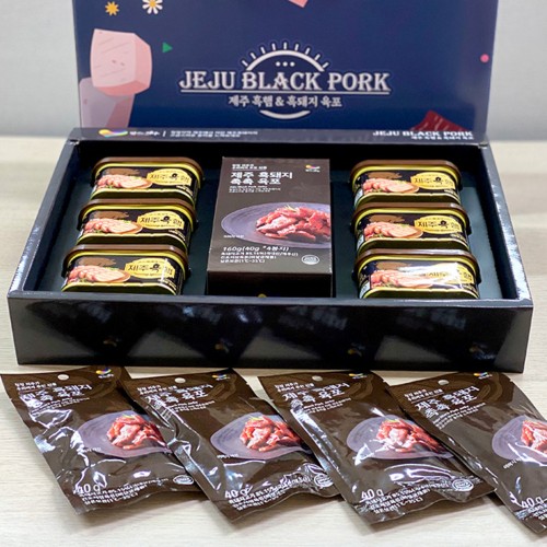 제주하우스 제주흑돼지 90%햄 200g x 6EA / 육포세트 40g x 4봉 선물세트 (손잡이케이스)